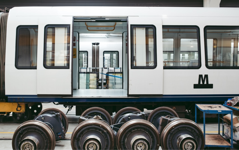 A subway car under construction, with wheels in the foreground