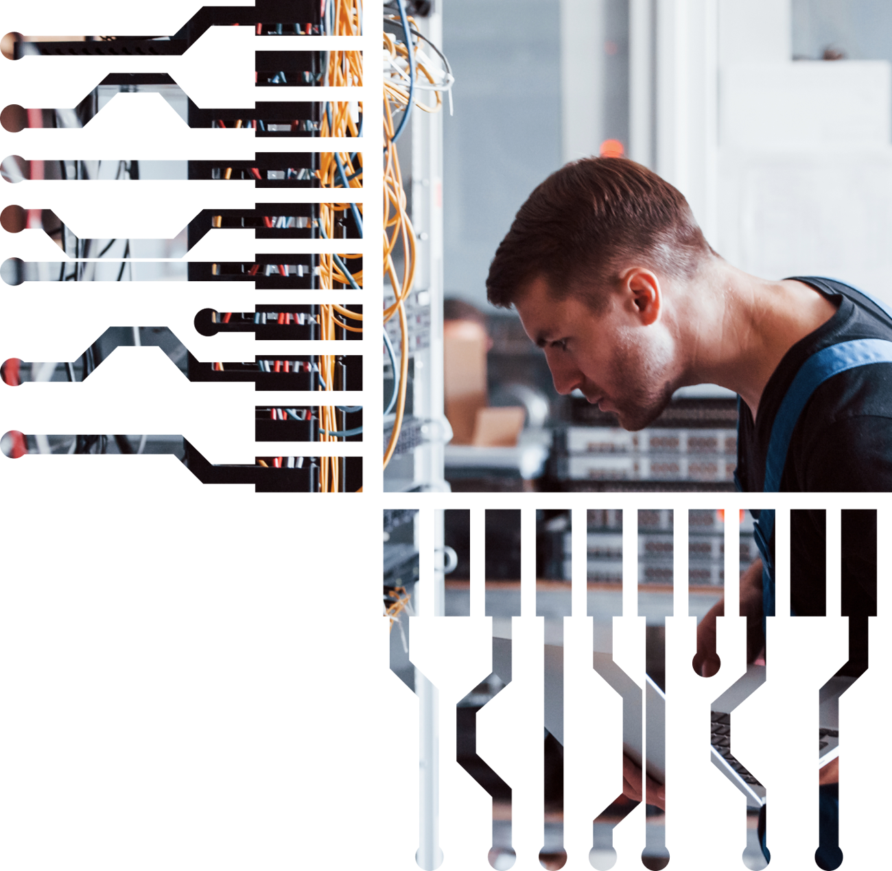 A man working on a PLC panel, the image is stylized to look like lines on a circuit board